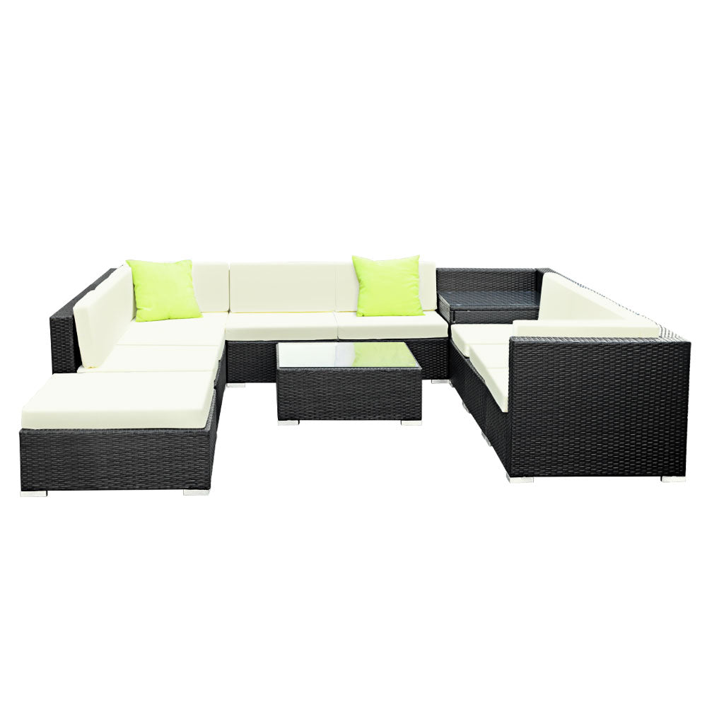 Hervey Bay 9 Piece 7 Seater Outdoor Corner Lounge Set, Black Wicker