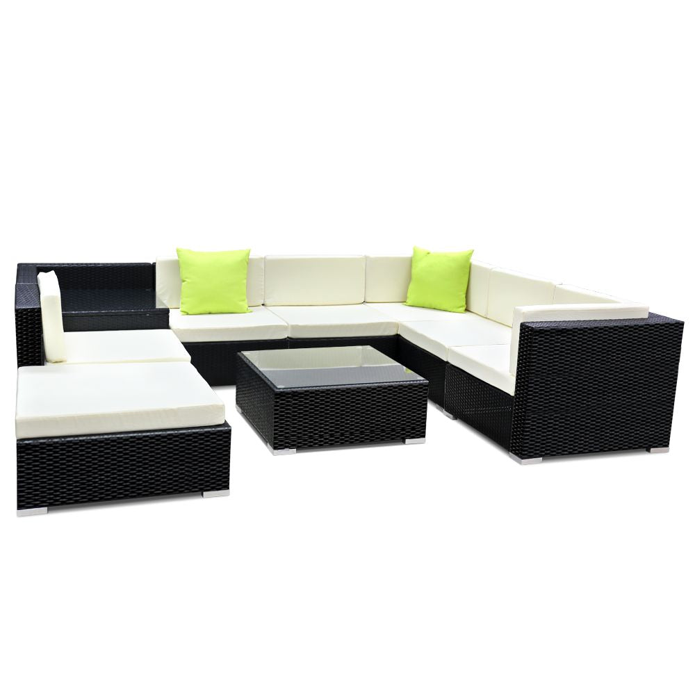 Hervey Bay 9 Piece 7 Seater Outdoor Corner Lounge Set, Black Wicker