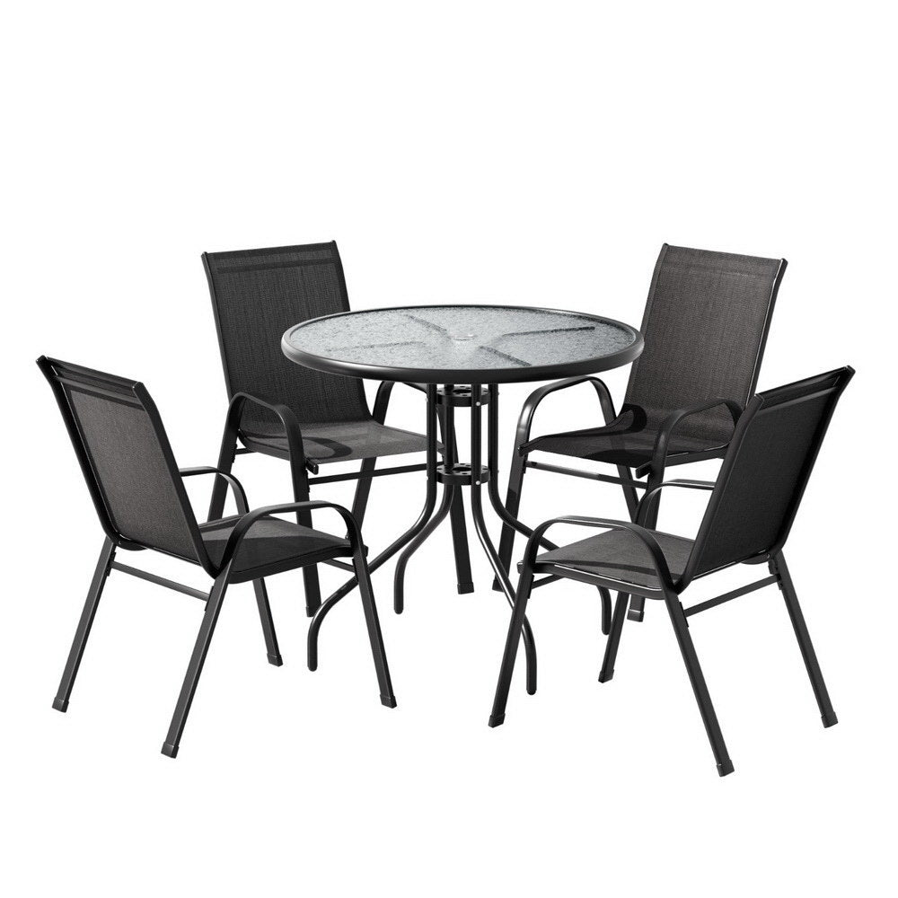 5 Piece Outdoor Dining Set With Stackable Chairs, Black