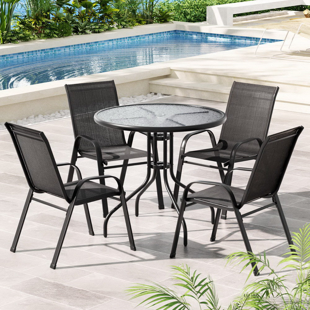 5 Piece Outdoor Dining Set With Stackable Chairs, Black