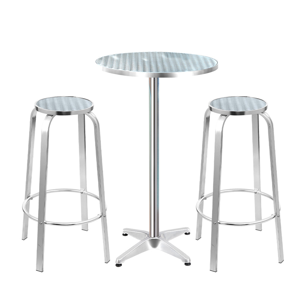3 Piece Outdoor Bar Set Adjustable Table and Stools Silver