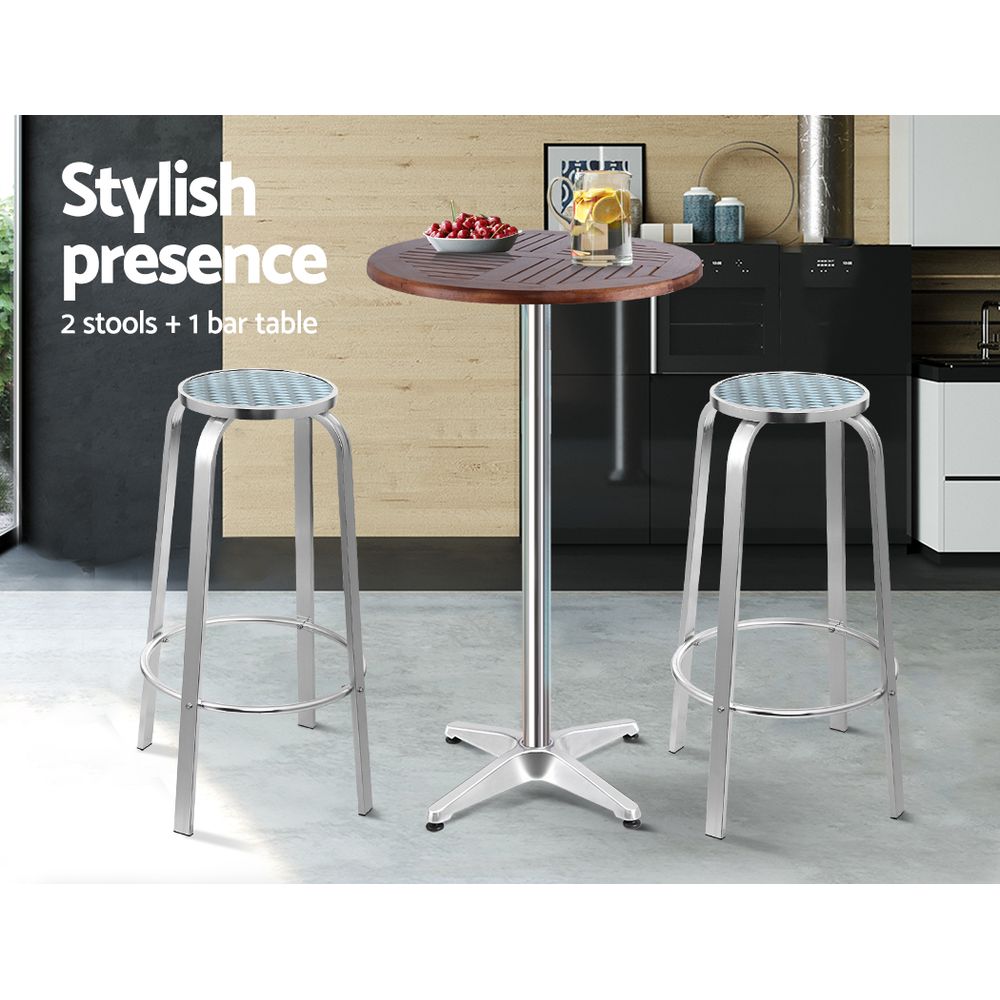 Dunns Creek silver aluminium outdoor bar set with two stools and adjustable table