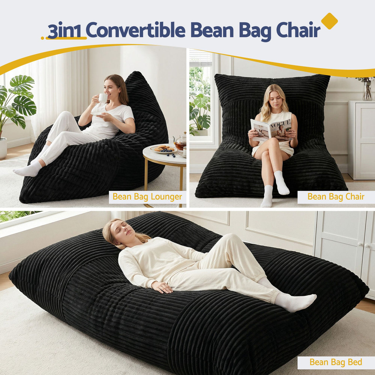 Leura 3 in 1 Convertible Bean Bag Chair, Dark Grey