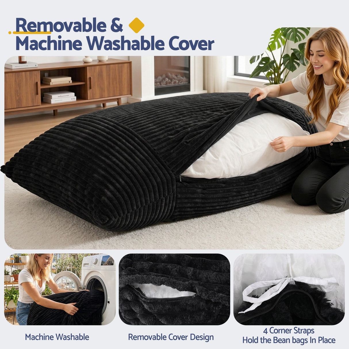 Leura 3 in 1 Convertible Bean Bag Chair, Dark Grey