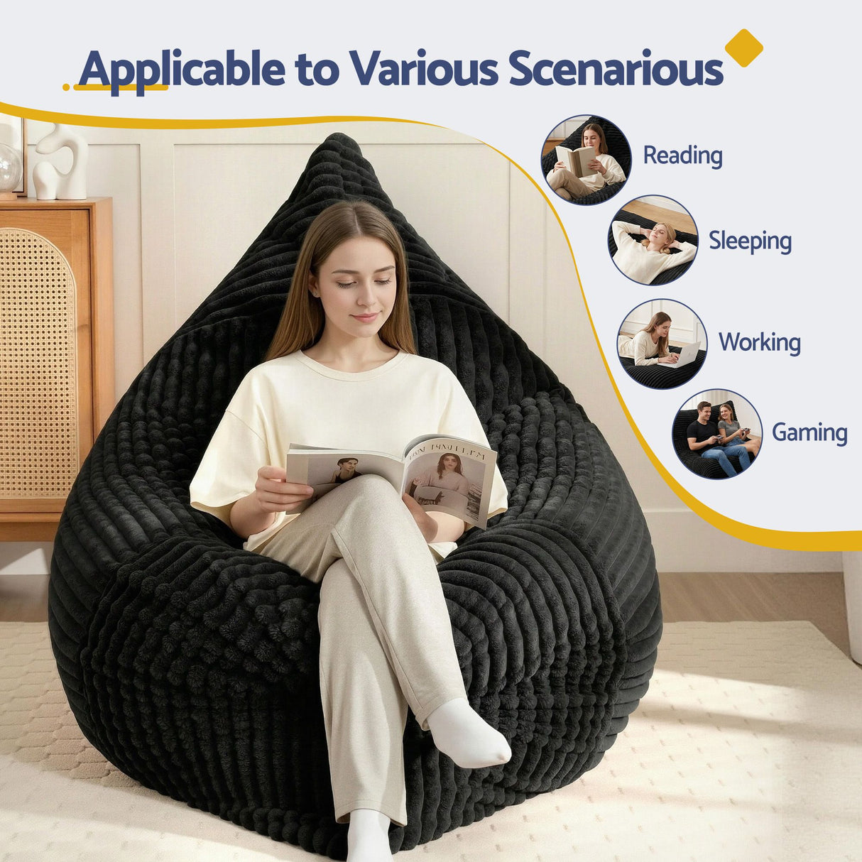 Leura 3 in 1 Convertible Bean Bag Chair, Dark Grey