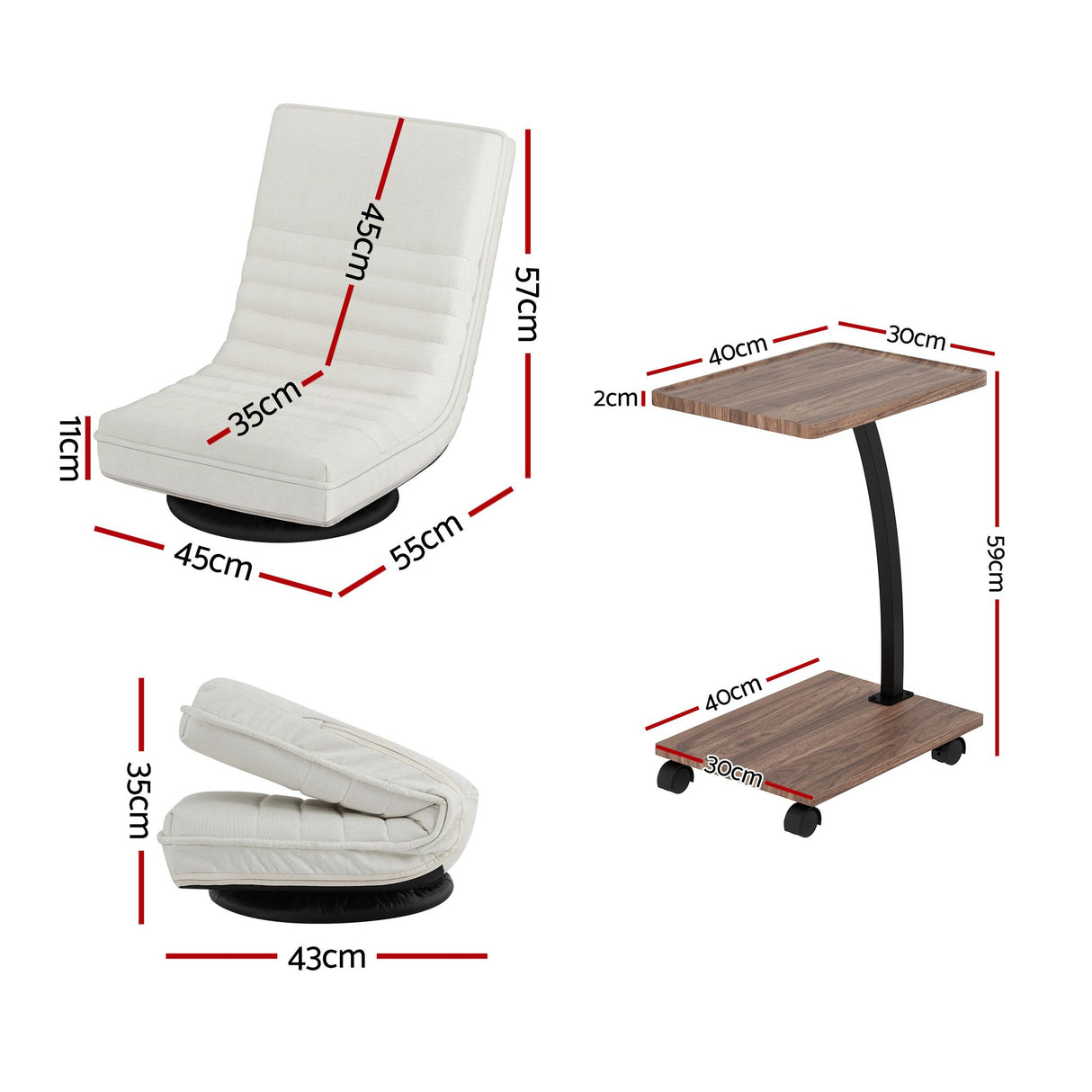 Wentworth Falls Floor Chair and Mobile Side Table Set, White