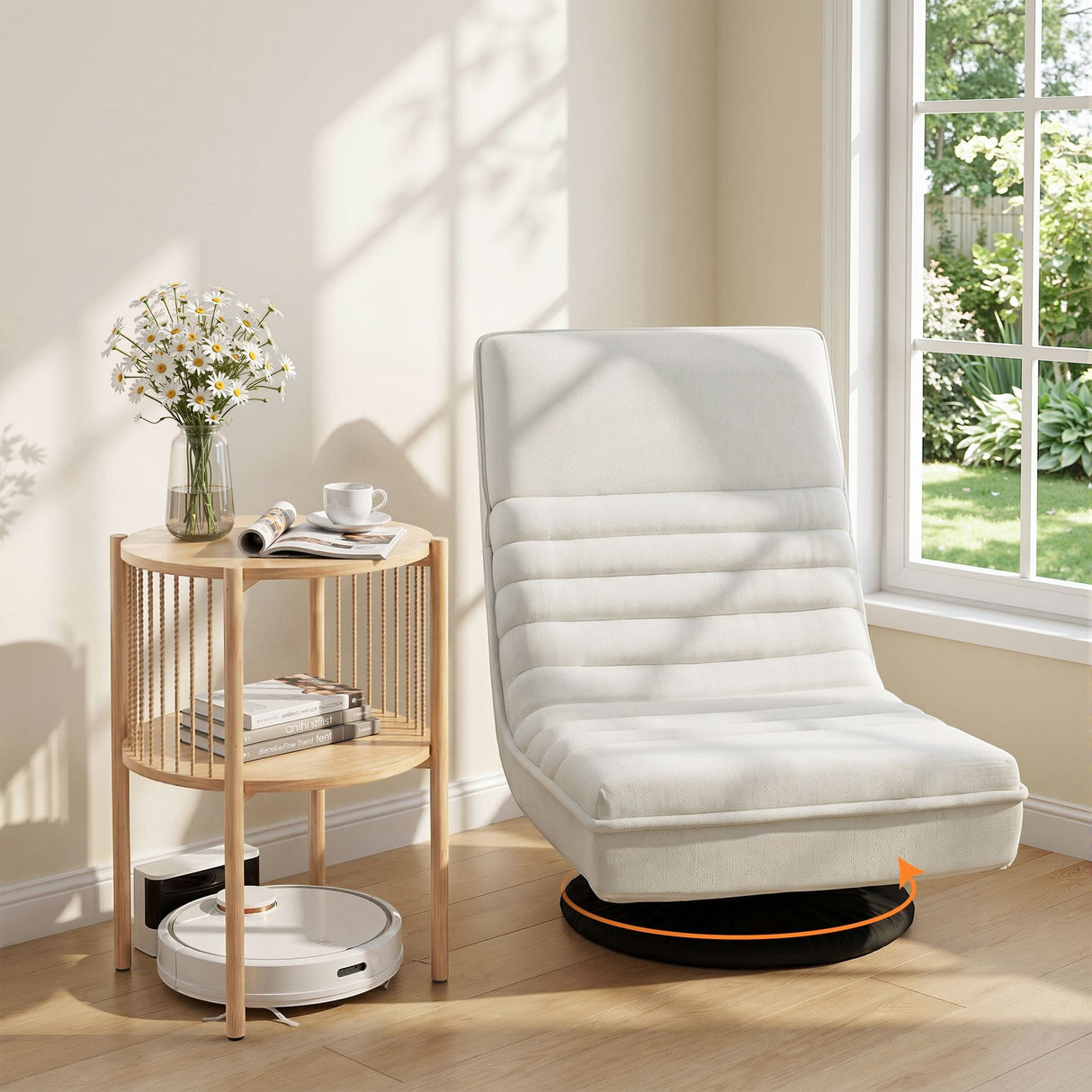 Wentworth Falls white faux linen floor chair in a modern living room