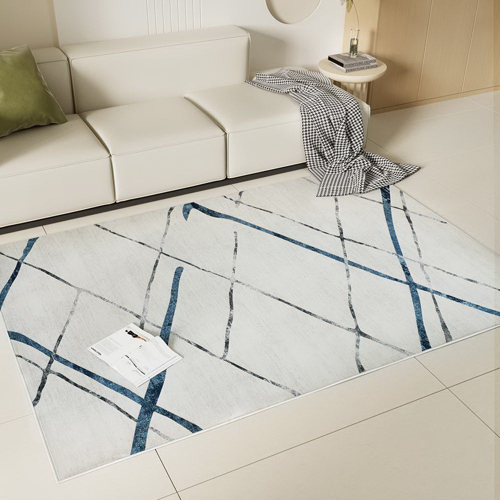 Geometric short pile flannel floor rug in blue grey