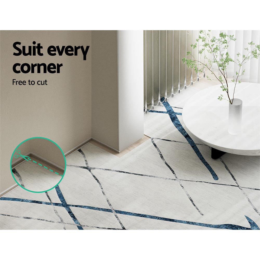 Geometric short pile flannel floor rug in blue grey