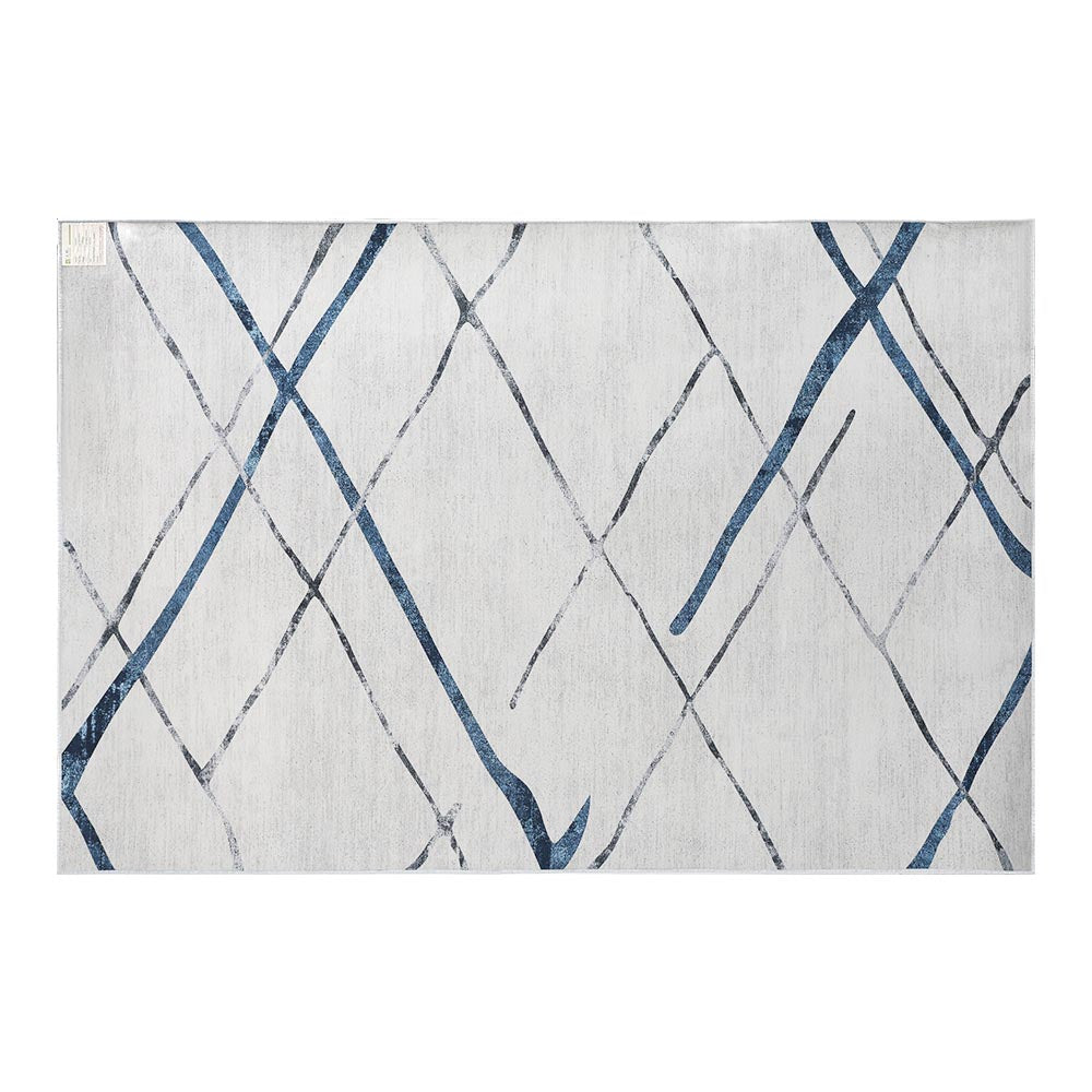 Geometric short pile flannel floor rug in blue grey
