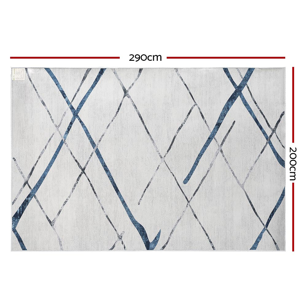 Geometric short pile flannel floor rug blue and grey 200x290cm