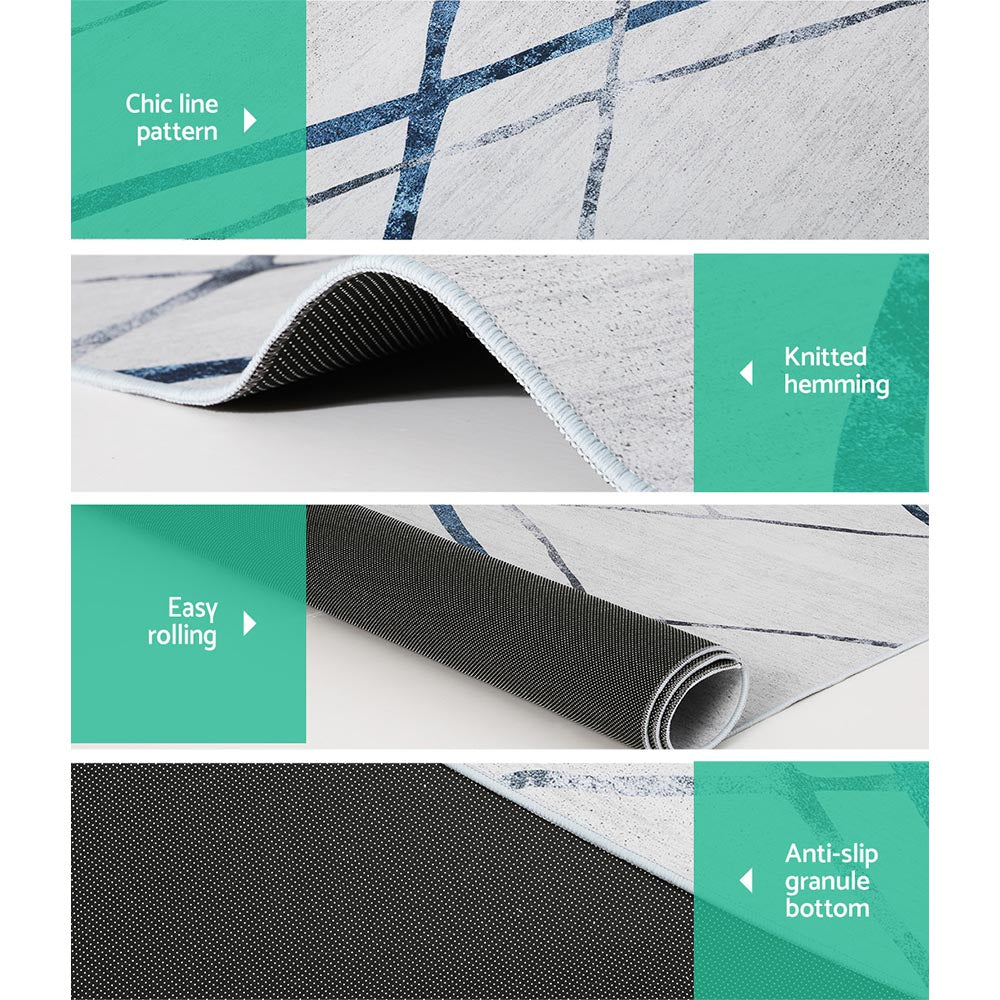 Geometric short pile flannel floor rug blue and grey 200x290cm