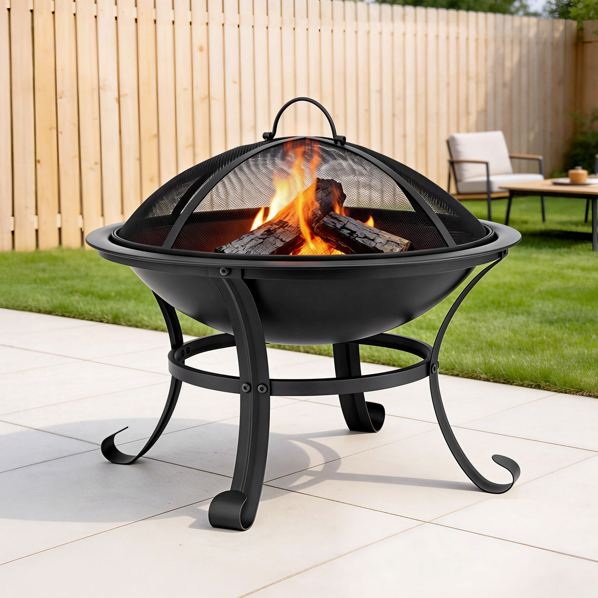 Emu Bay 56cm 2 in 1 steel fire pit and BBQ with mesh lid for backyard and camping