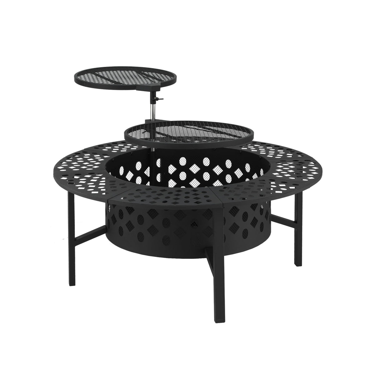 Stokes Bay 91cm 3 in 1 steel fire pit, BBQ and table with star cut out design in a backyard