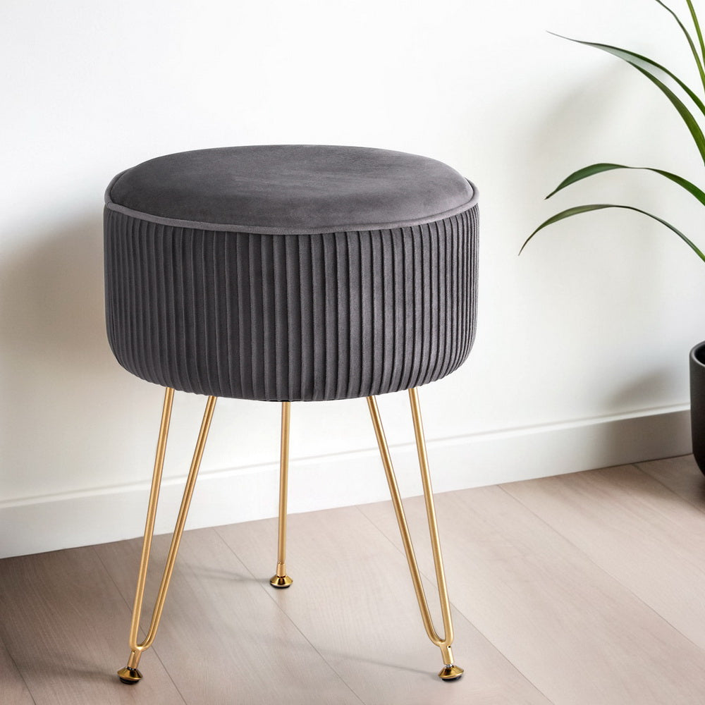 Artiss Velvet Round Ottoman Foot Stool Vertical Stripe Grey — Allure Home Collections