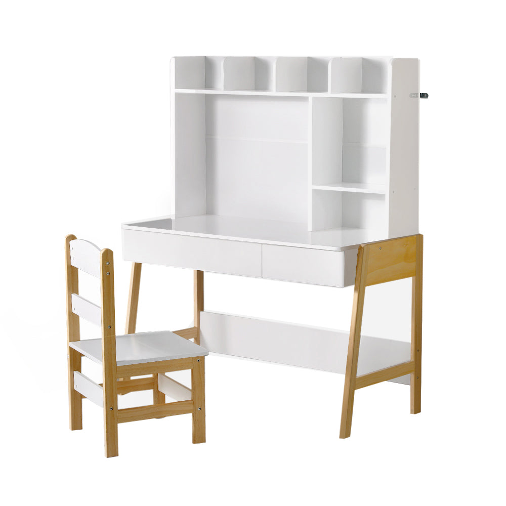 Kids Study Desk and Chair Set with Storage Drawer, White and Natural