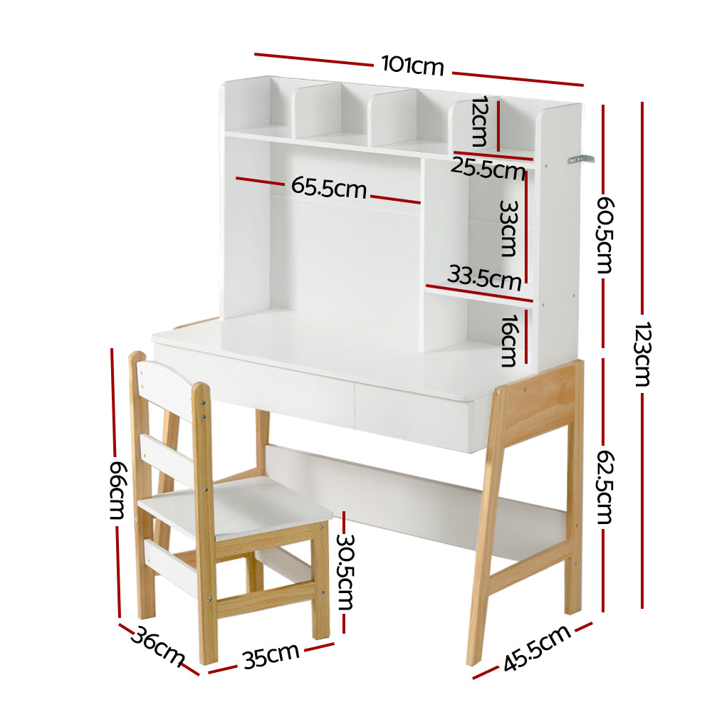 Kids Study Desk and Chair Set with Storage Drawer, White and Natural