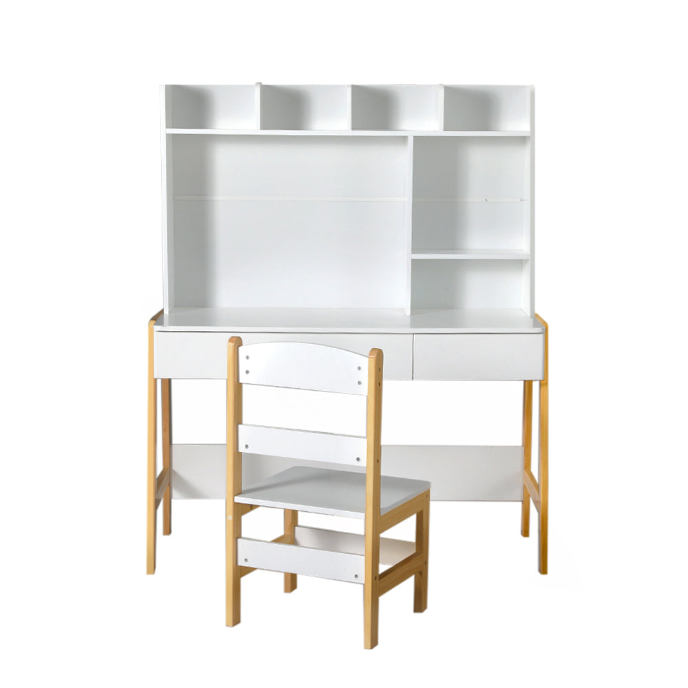 Kids Study Desk and Chair Set with Storage Drawer, White and Natural