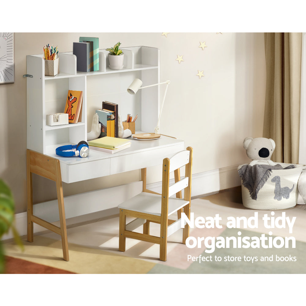 Kids Study Desk and Chair Set with Storage Drawer, White and Natural