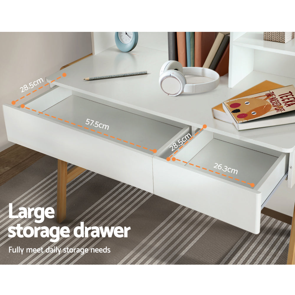 Kids Study Desk and Chair Set with Storage Drawer, White and Natural