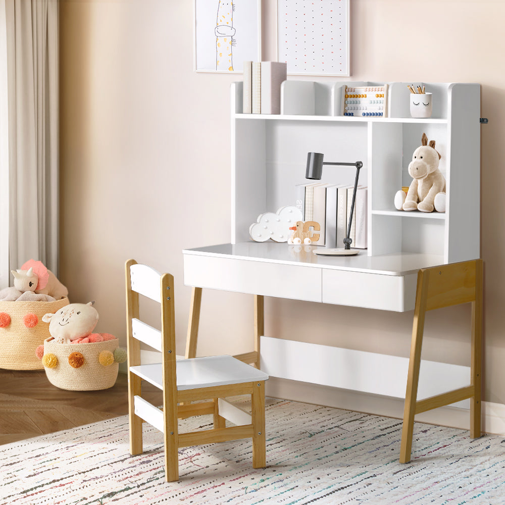 Kids Study Desk and Chair Set with Storage Drawer, White and Natural