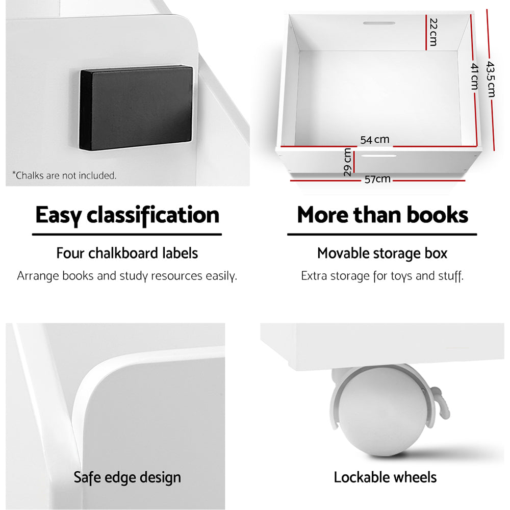 Kids Bookshelf with Storage Box, 4 Tier White