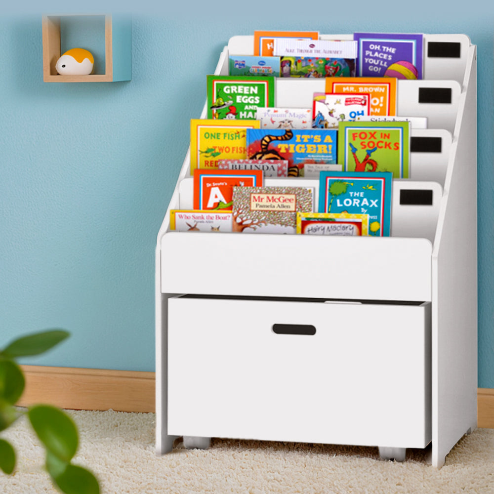 Kids Bookshelf with Storage Box, 4 Tier White