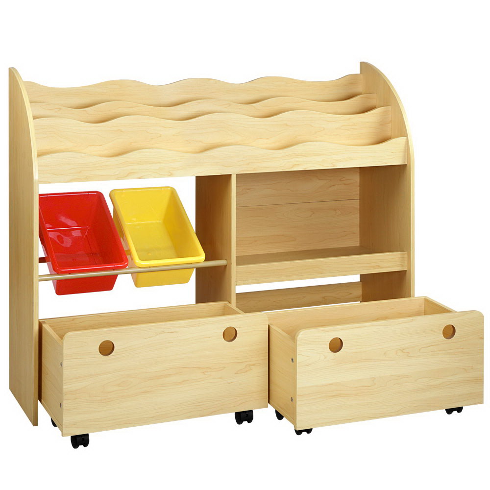 Kids Bookshelf with Storage Bins and Drawers, 3 Tier Natural