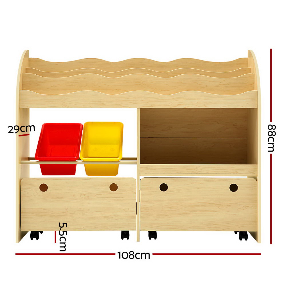 Kids Bookshelf with Storage Bins and Drawers, 3 Tier Natural