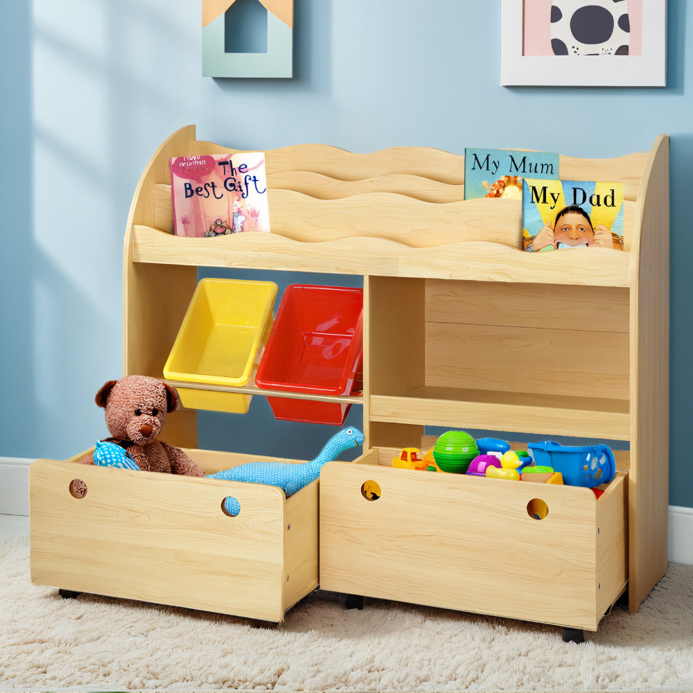 Kids Bookshelf with Storage Bins and Drawers, 3 Tier Natural