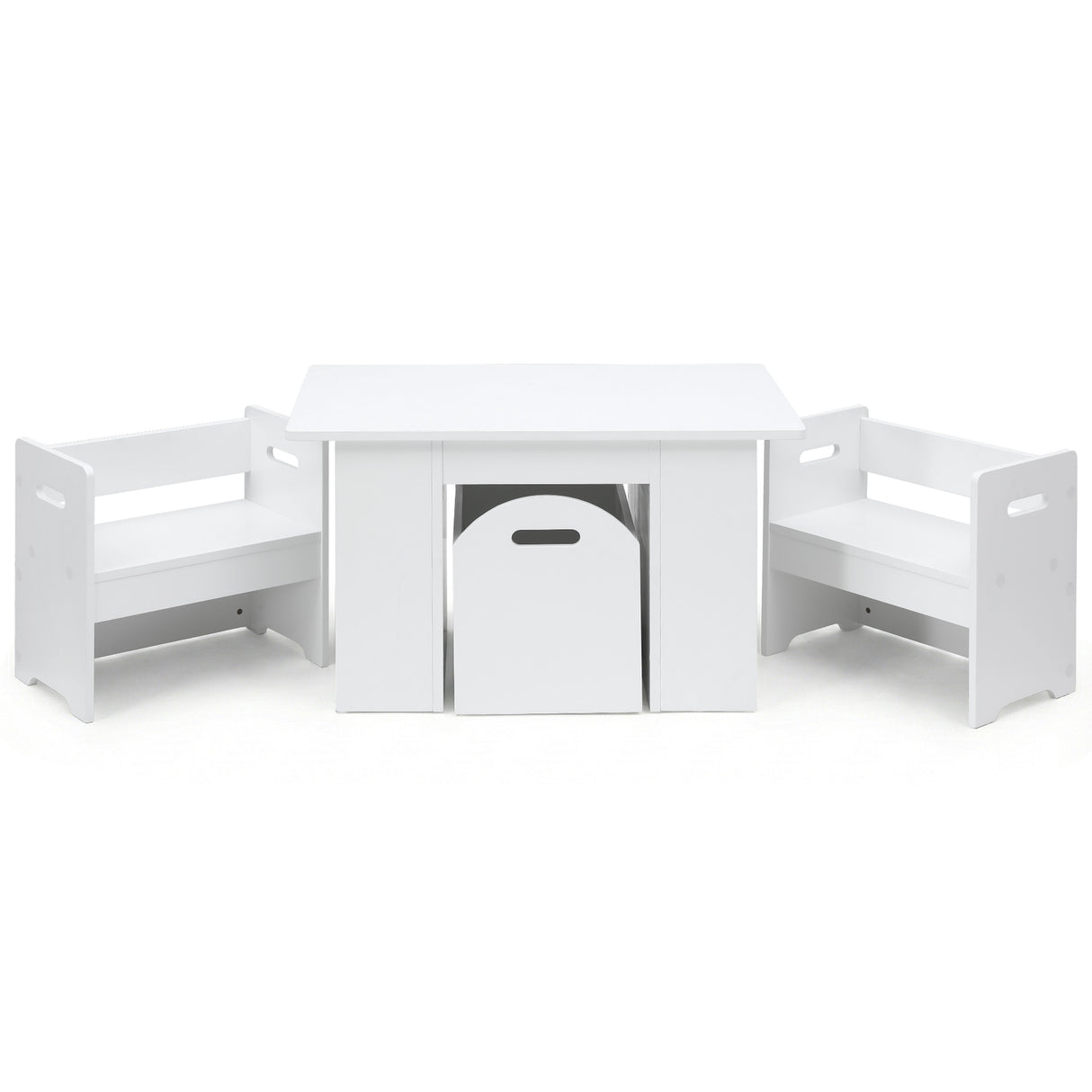 Three piece kids table and chairs set with sliding storage box in white