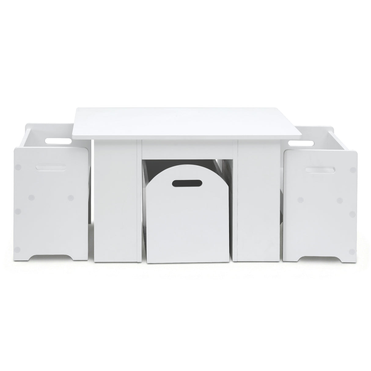 Three piece kids table and chairs set with sliding storage box in white
