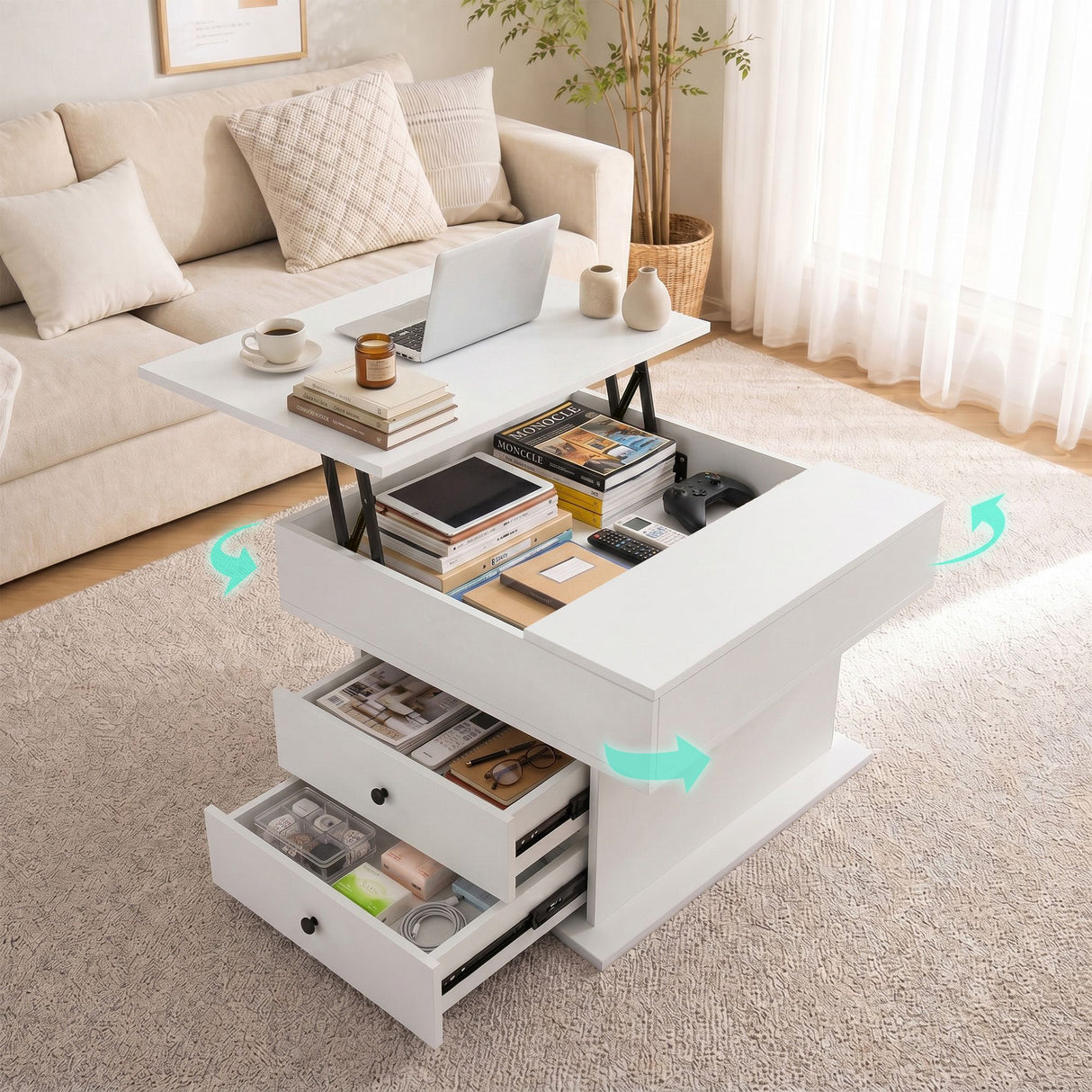 Launching Place white lift top coffee table in a modern living room