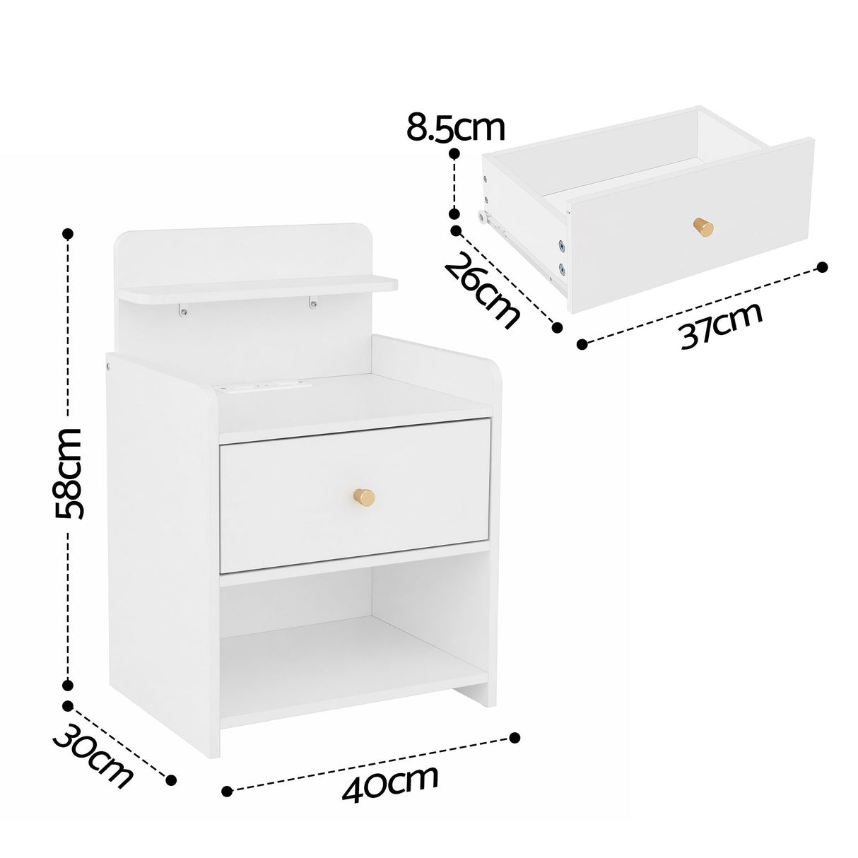 Eltham Charging Station Bedside Table, White