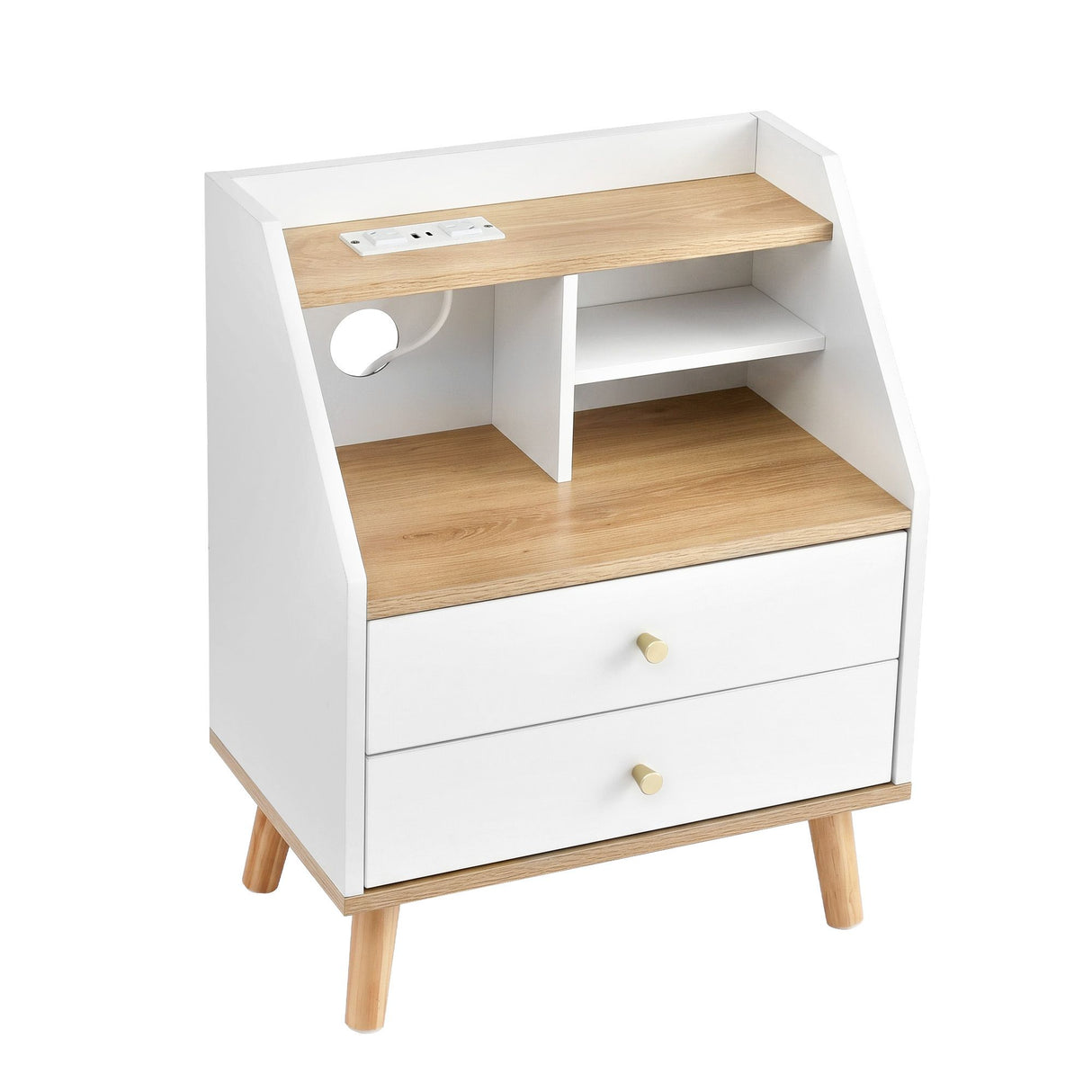 East Ballina Charging Station Bedside Table, White and Pine
