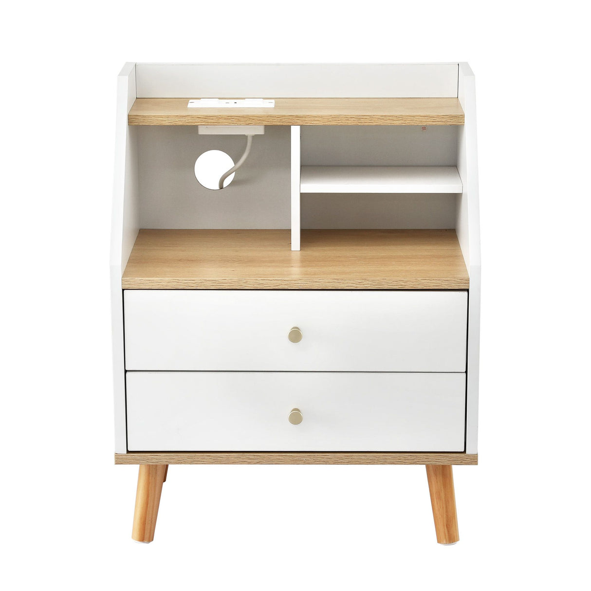East Ballina Charging Station Bedside Table, White and Pine