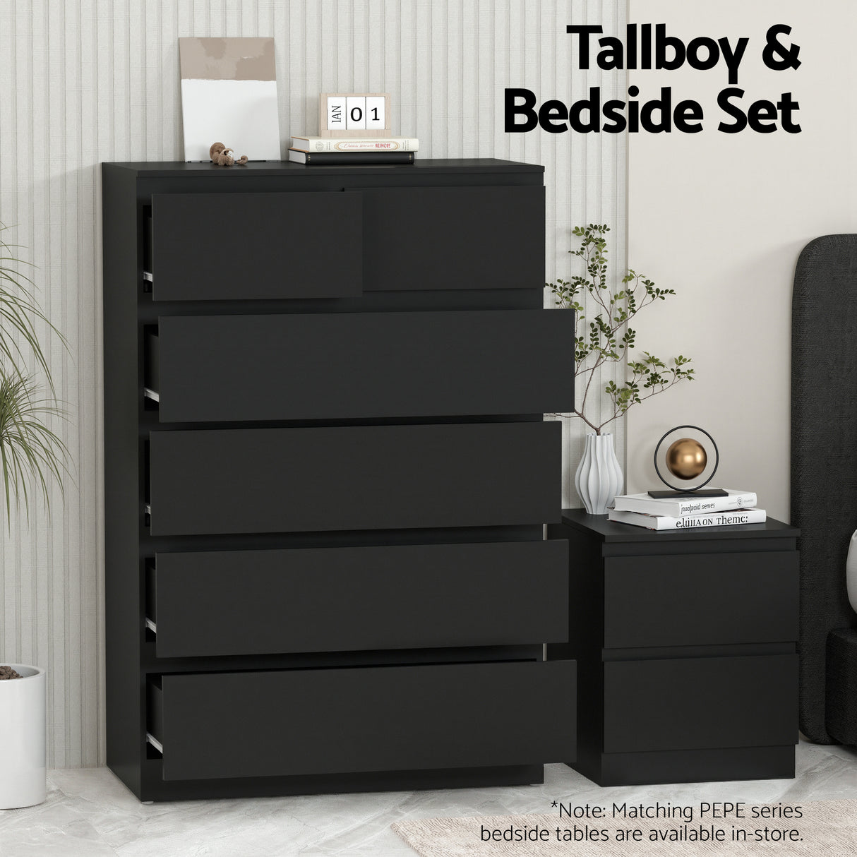 Bowral 6 Drawer Tallboy, Black view 5