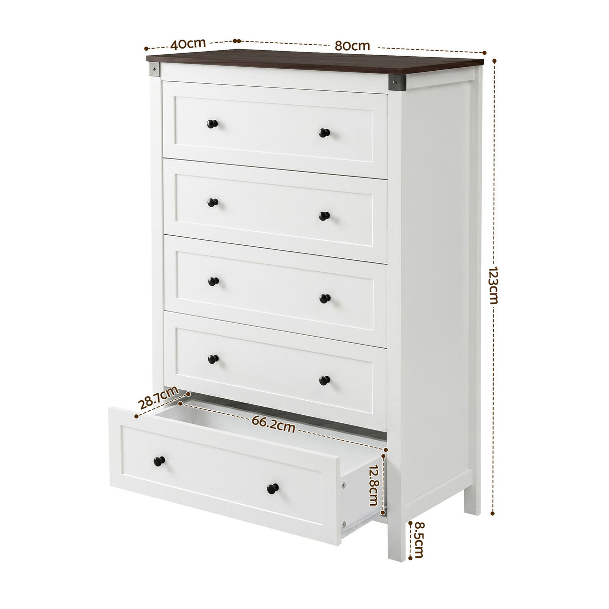 Moss Vale 5 Drawer Tallboy, White and Walnut view 2