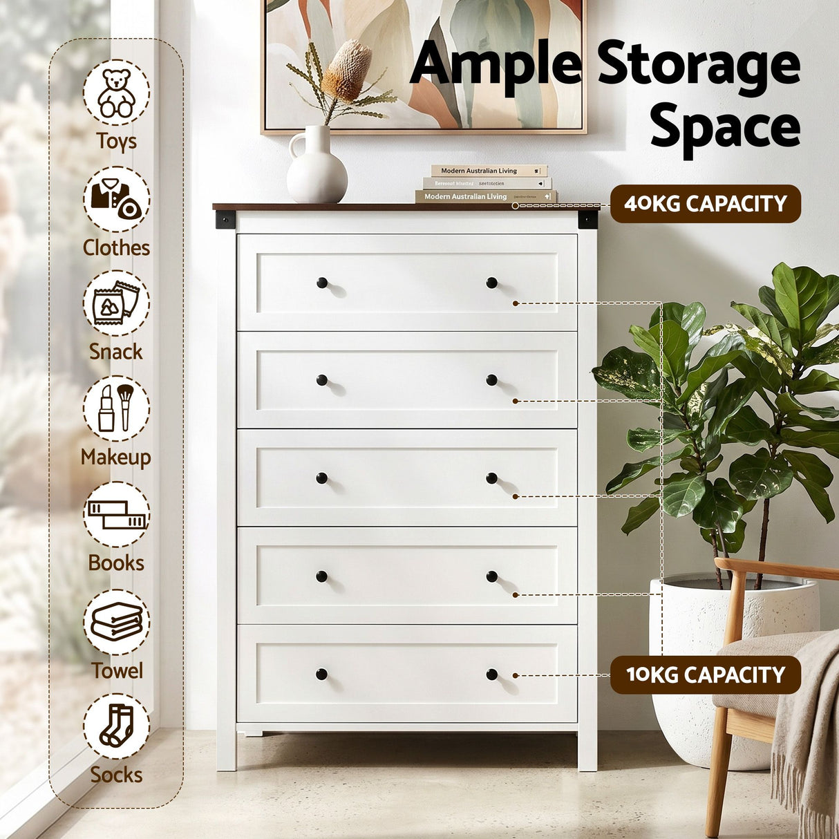 Moss Vale 5 Drawer Tallboy, White and Walnut view 4