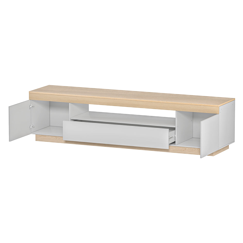 Eaglehawk Neck white and wood entertainment unit with two cabinets and a drawer