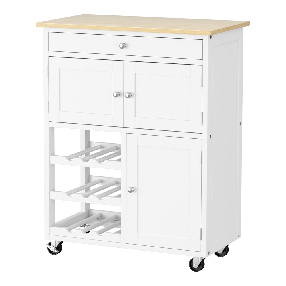 Splugen compact white and oak kitchen island cart with wine rack