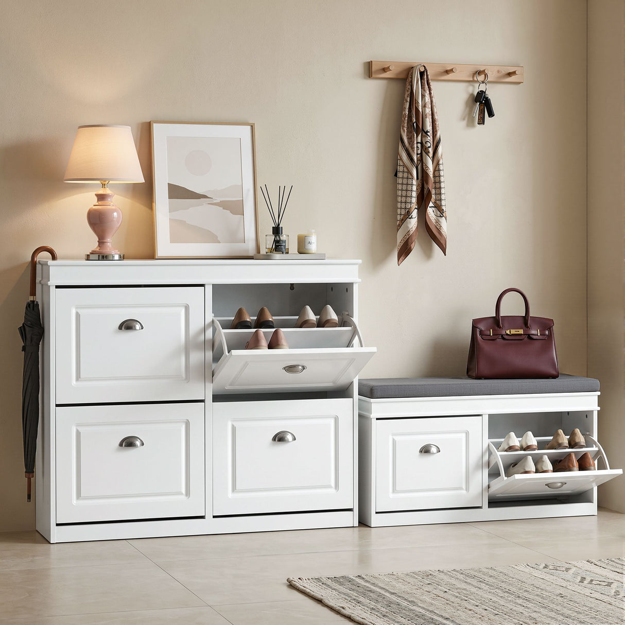 Stawell Shoe Cabinet and Bench Set, White