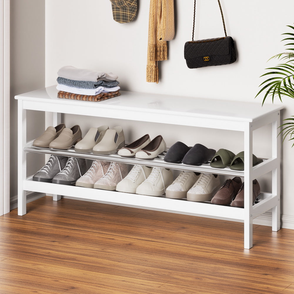 Amphitheatre 2 Tier Bamboo Shoe Bench, White image 1