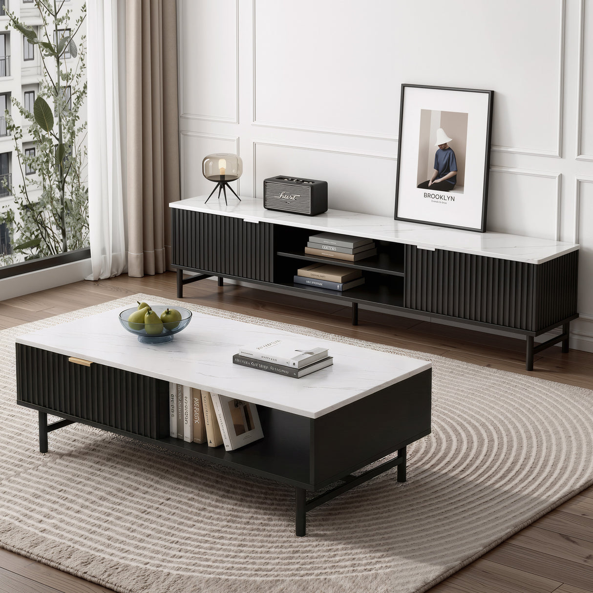 St Helens 140cm TV Unit and Coffee Table Set, White and Black