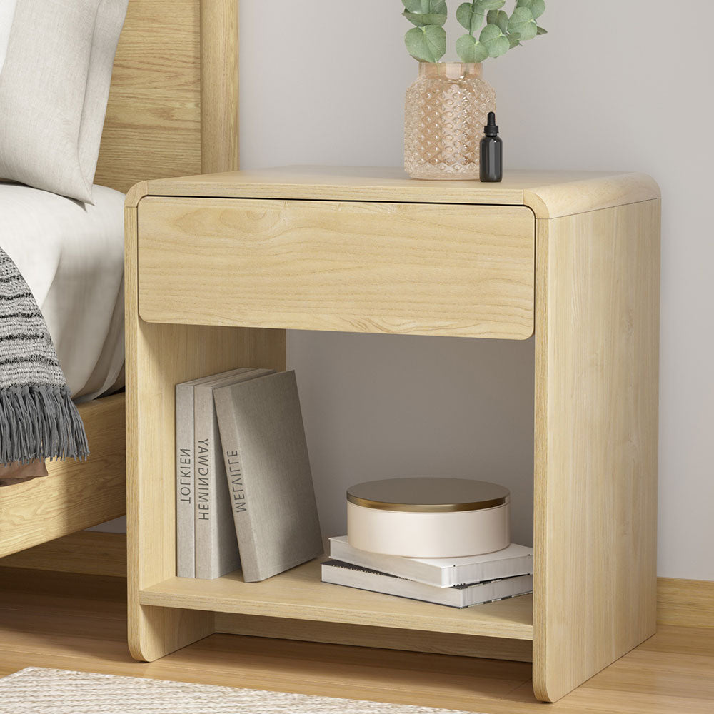 Chinderah Drawer Shelf Bedside Table, Pine