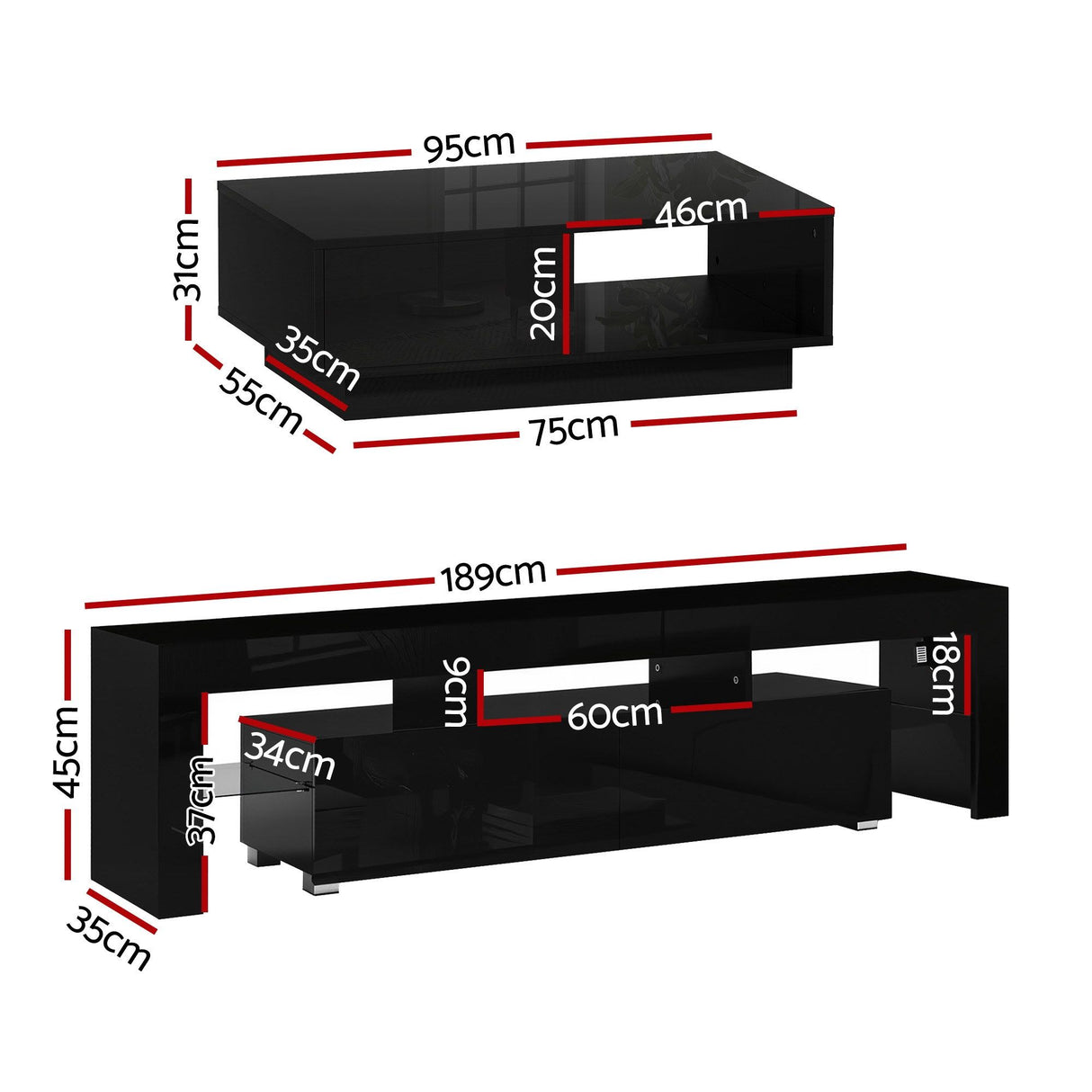 Derby 189cm TV Unit and Coffee Table Set, Black