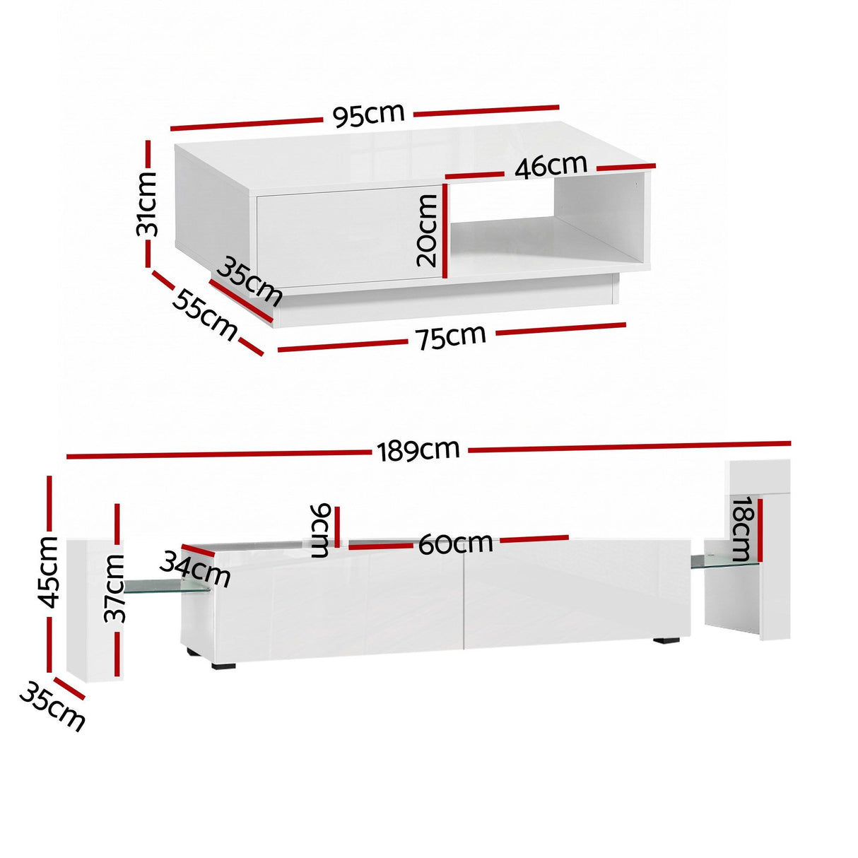 Derby 189cm TV Unit and Coffee Table Set, White