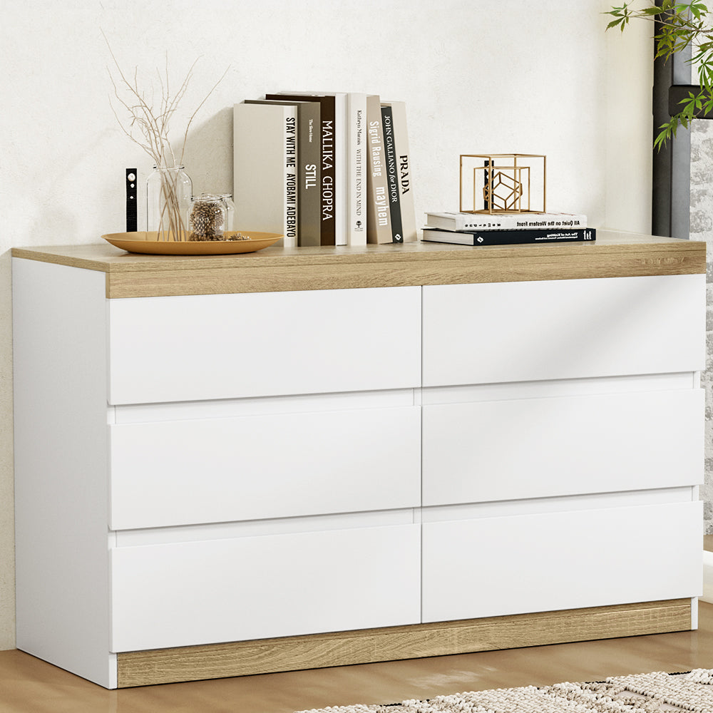 Mittagong 6 Drawer Lowboy, White and Oak