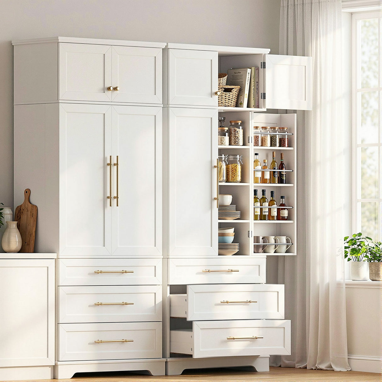 Curlwaa 2 Door 3 Drawer Buffet Sideboard, White 2pcs