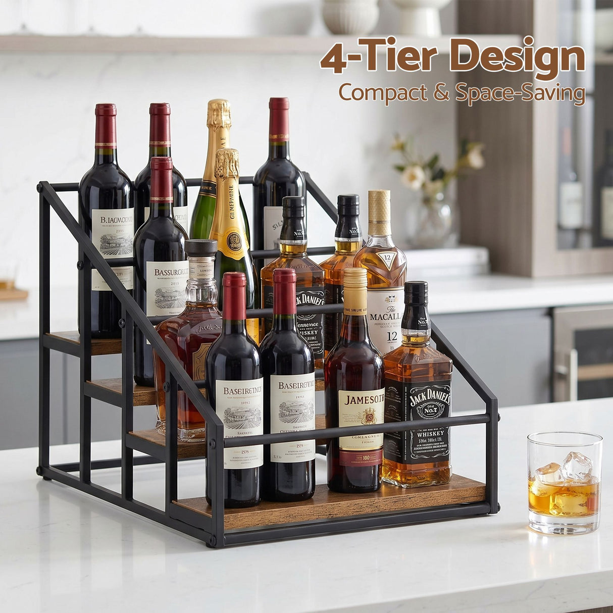 16 bottle black and wood freestanding wine rack